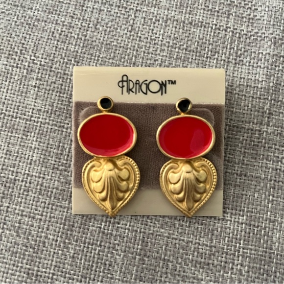 Vintage Aragon Gold Tone & Red Enamel Pierced Earrings - Picture 2 of 2